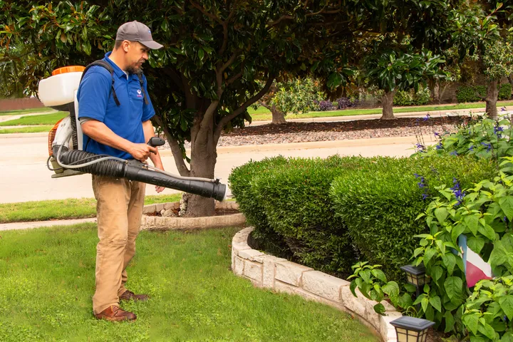 Technician fogging a backyard for mosquitoes